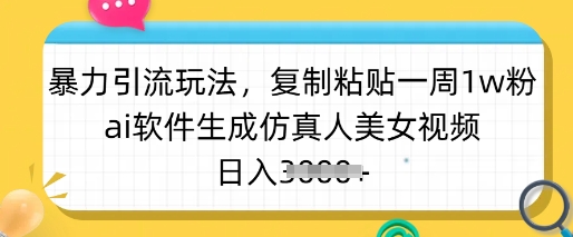 暴力引流玩法，复制粘贴一周1w粉，ai软件生成仿真人美女视频，日入多张 - 猫抓网赚-猫抓网赚